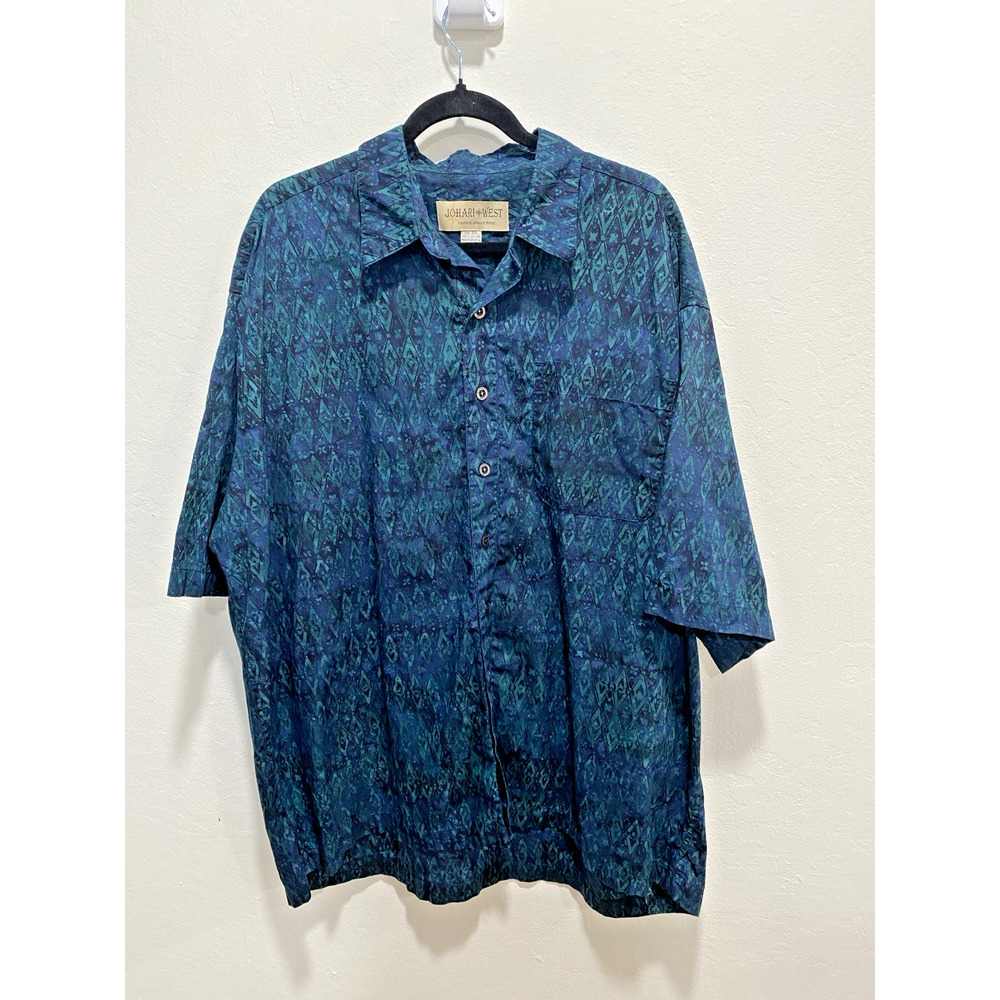 Men's 3XL Blue Green Geometric Cotton Button-Up Shirt Short Sleeve Summer Beachy